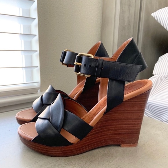 Celine Shoes - Celine Italian Black Leather Wood Wedges 35.5